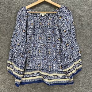 Cynthia Rowley Blouse Women 1X Plus Blue Floral Long Sleeve Round Neck Rayon